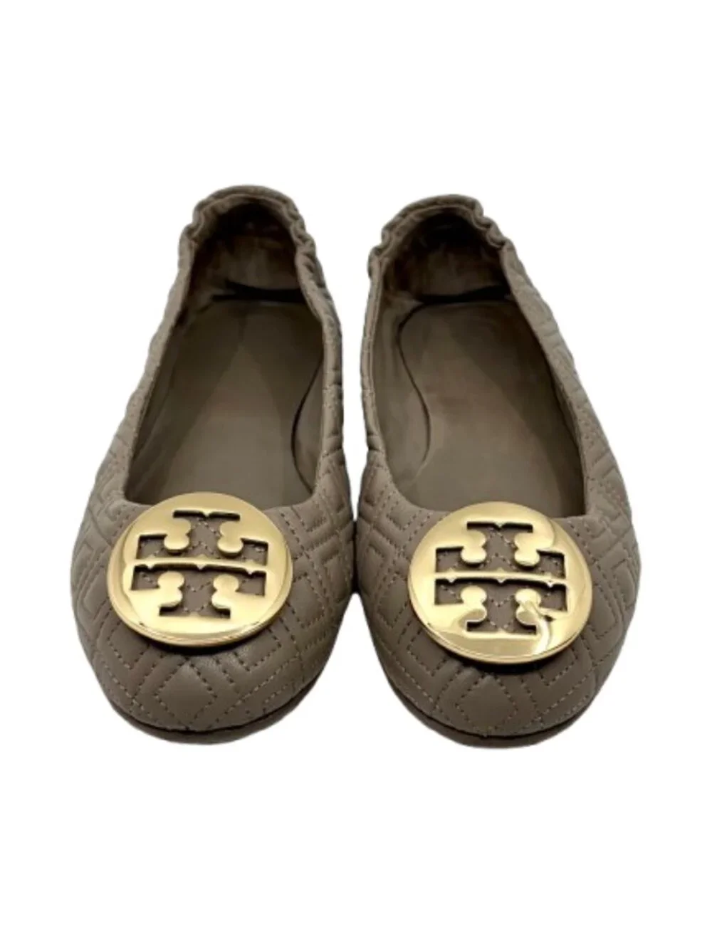 TORY BURCH~Minnie Quilted~TRAVEL BALLET FLAT~GRAY TAUPE LEATHER SZ 7.5 NEAR NEW